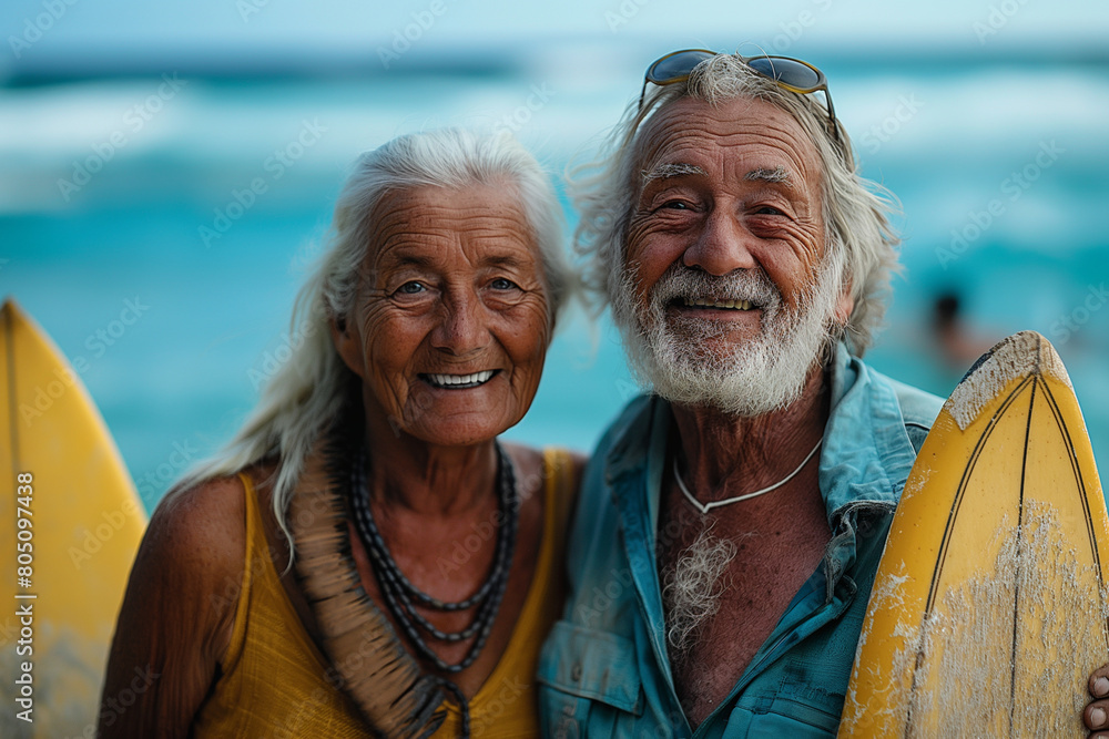 Happy old couple with surfboards near ocean, created with Generative AI technology