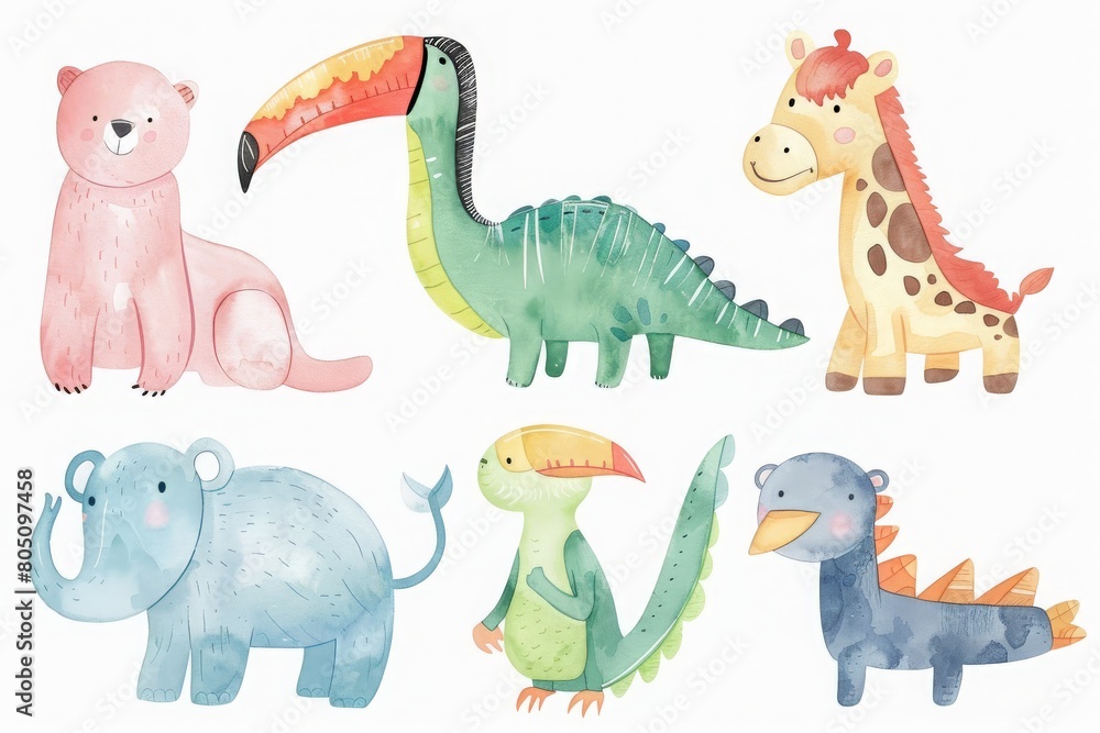 Whimsical cartoon zoo animals, including a polar bear, toucan, alligator, and giraffe, arranged in six rows. White background. Created Using: playful outlines, watercolor textures, cheerful colors Whimsical cartoon zoo animals, including a polar bear, toucan, alligator, and giraffe, arranged in six rows. White background. Created Using: playful outlines, watercolor textures, cheerful colors