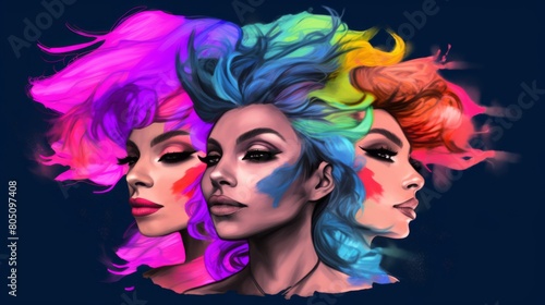 Three women with unique colored hair and makeup celebrating diversity and individuality photo
