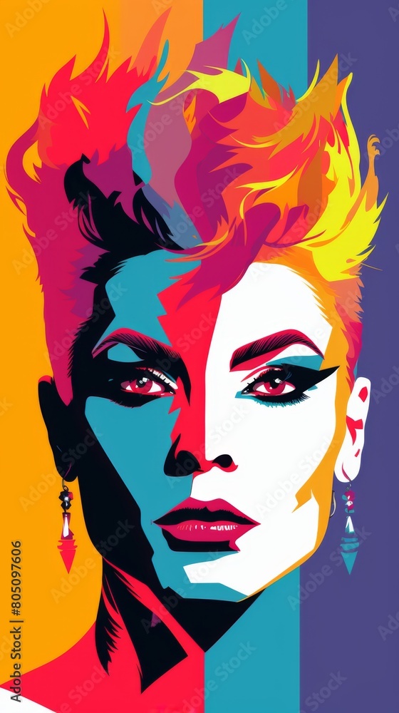 A vibrant image of a androgynous woman with bright, colorful hair, exuding glamour and confidence
