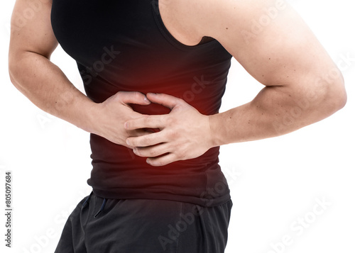 Sporty man in pain holding sore muscle, ribs, stomach isolated on white background. Abdominal pain. Muscle cramps, pain in the ribs. Sport concept.