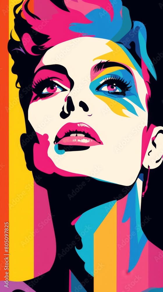 A colorful painting featuring a androgynous woman face with bold, bright hues
