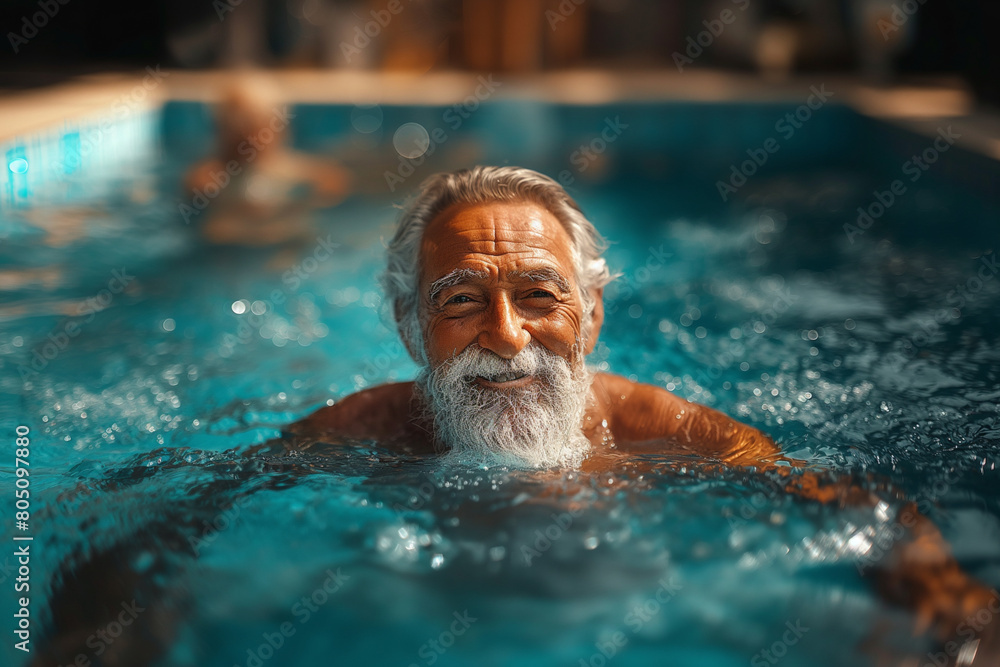 Happy old man relax in pool, created with Generative AI technology