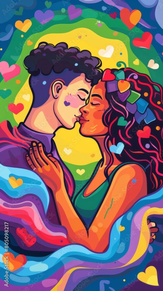 A man and a androgynous woman sharing a tender kiss in a colorful and expressive painting A man and a androgynous woman sharing a tender kiss in a colorful and expressive painting