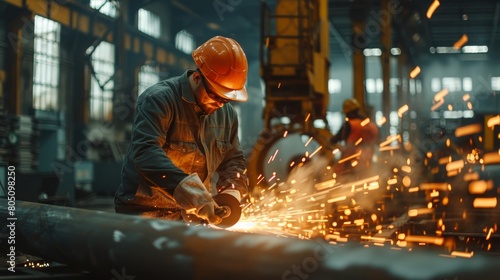 Heavy Industry Engineering Factory Interior with Industrial Worker Using Angle Grinder and Cutting a Metal Tube. Contractor in Safety Uniform and Hard Hat Manufacturing Metal Structures. Generative AI