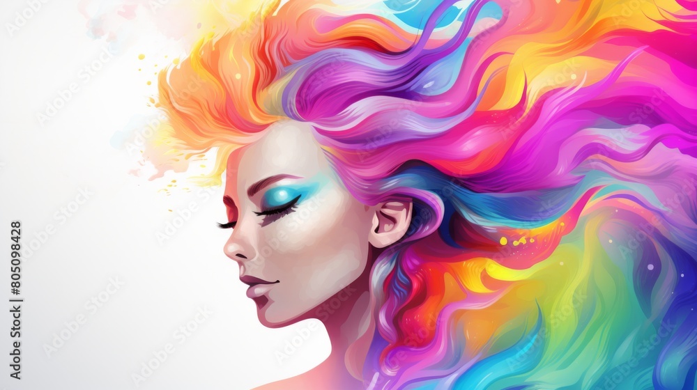 A woman with colorful hair and makeup exudes confidence and celebrates diversity