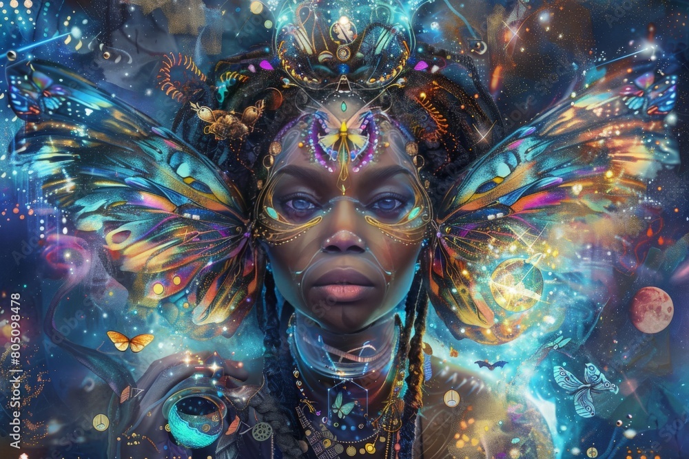 Digital artwork featuring a mystical African American goddess with dreadlocks wearing an elaborate headpiece adorned with jewels and ornate details
