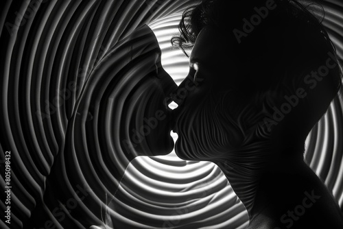 Black and white photograph image of a loving kiss between a couple in love Spirographic background photo