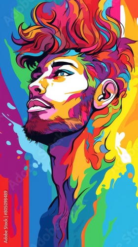 A luxurious LGBTQ pride poster featuring a man with colorful hair in a banner style
