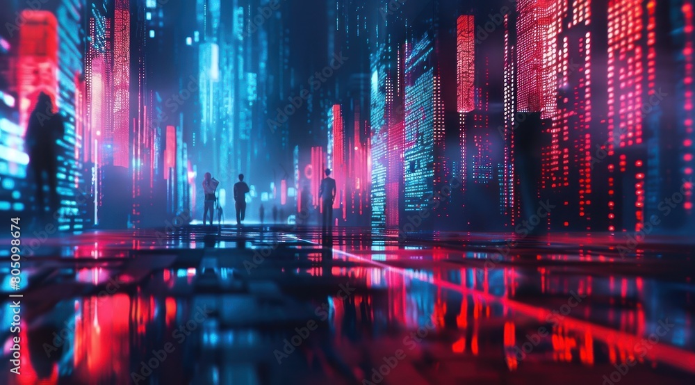 Obraz premium Monde numérique éclairé, graphiques financiers, silhouettes floues et tendances des marchés boursiers.