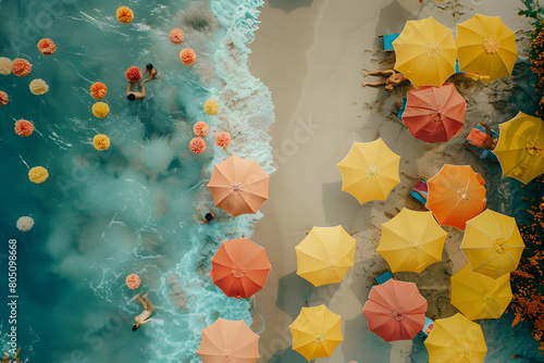 top shot of beach with umbrellas looking like flowers blooming and people look like bees
