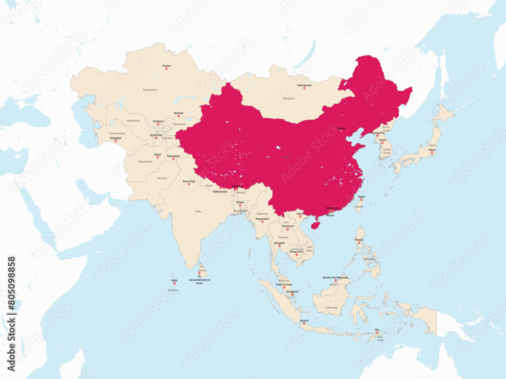 Highlighted red map of CHINA inside light red detailed political map of Asia using orthographic projection on white and blue background