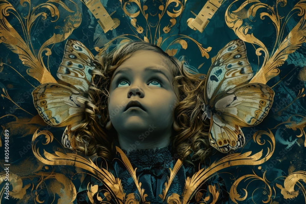 Photorealistic art gold and deep blue colors design that incorporates the image of a child