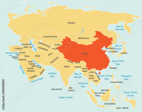 Highlighted red map of CHINA inside orange detailed tagged map of Asia using orthographic projection on blue background