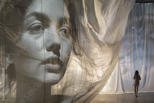 On a large cloth banner, a woman’s image emerges--a fusion of fabric and form. The banner hangs loosely, its center sagging like a forgotten secret. Wrinkles trace the contours of her face photo