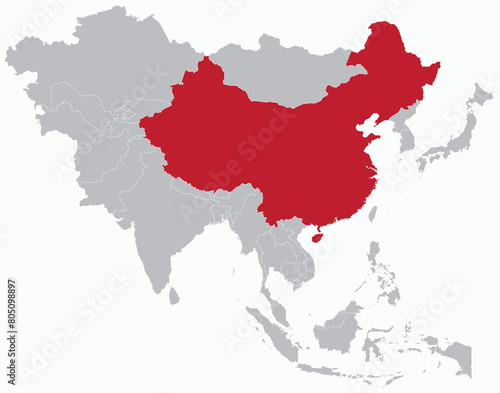 Highlighted red map of CHINA inside grey detailed blank political map of Asia on light blue background, without the Middle East and Russia