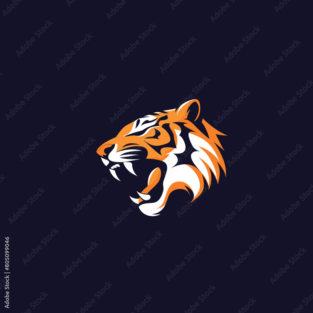 Stylized tiger head graphic design dark background. Orange white tiger face sport logo illustration. Roaring mascot esports team symbol Stylized tiger head graphic design dark background. Orange white tiger face sport logo illustration. Roaring mascot esports team symbol