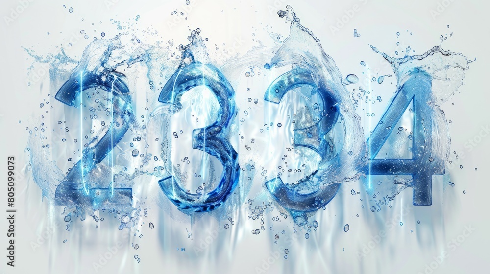 the numbers made of water waves, blue lights on white background the numbers made of water waves, blue lights on white background