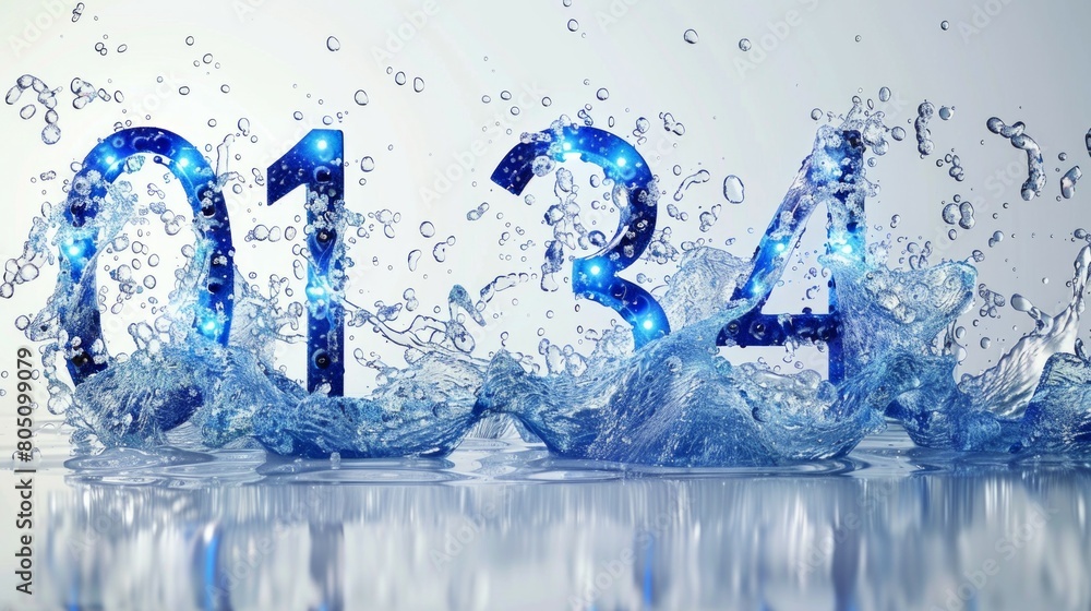 the numbers made of water waves, blue lights on white background the numbers made of water waves, blue lights on white background