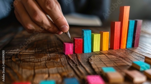 Businessman hand arranging colorful wooden blocks on table. The concept of business growth and development.