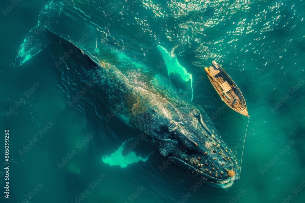 Obraz premium Aerial shot capturing a serene moment with a gigantic whale swimming near a small boat in the ocean