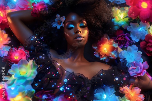 A gorgeous African American woman with beautiful makeup, black flowy dress with neon colored illumine scent flowers, black high heels with neon flowers, beautiful silver jewelry