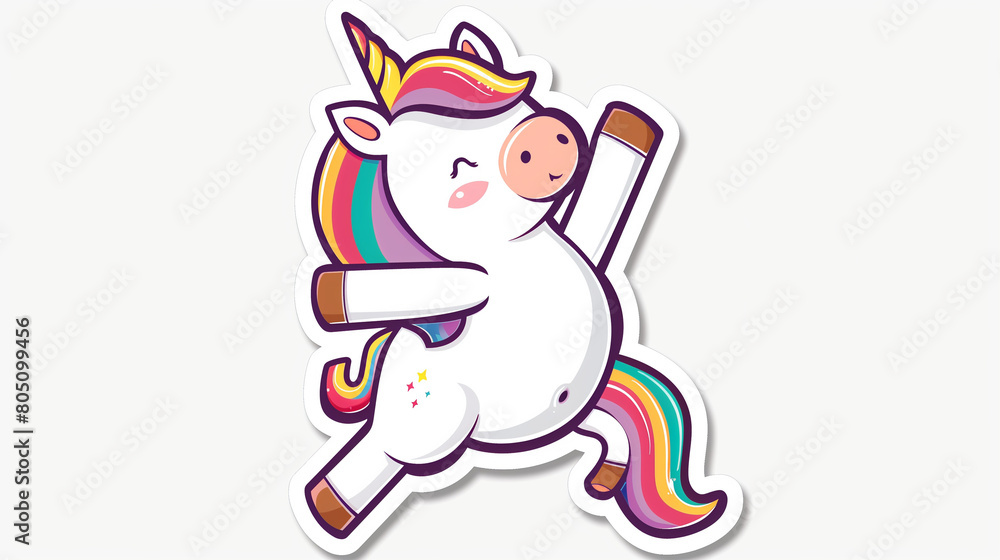A cute cartoon unicorn is depicted performing the Dab dance in a simple flat vector illustration. The unicorn is set against a white background, with a rainbow-colored mane adding vibrancy 