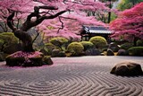 Zen Garden in Kyoto, Japan: A tranquil Zen garden with carefully raked gravel and cherry blossoms in full bloom.