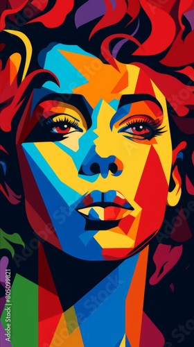 A vibrant painting of a androgynous woman face with striking colors and bold features