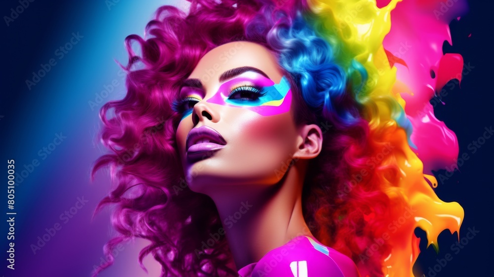 A androgynous woman proudly showcasing colorful hair and makeup in support of LGBTQ pride