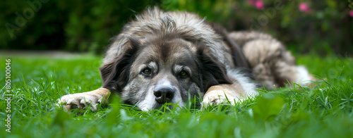 Fluffy Caucasian shepherd dog is lying on a green grass