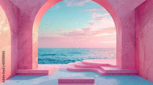 The image is a beautiful pink and blue landscape with a beach, ocean, and pink sky.