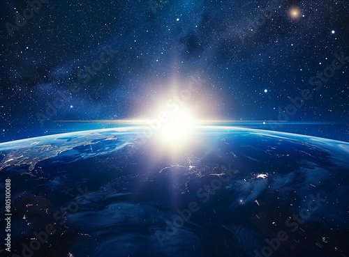 The background image features the Earth with the sun rising in the center, surrounded by stars and space. Rendered in a cinematic style, this composition evokes a sense of wonder and awe