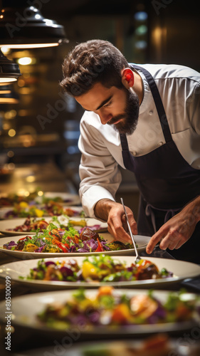 Focused and meticulous, a professional chef carefully plates gourmet dishes in a bustling kitchen.