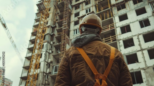 Young male builder engineer architect foreman in protective helmet stands with his back, looks at construction of building. City construction site, dreams of future home. Generative AI © Hokmiran