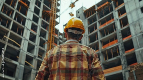 Young male builder engineer architect foreman in protective helmet stands with his back, looks at construction of building. City construction site, dreams of future home. Generative AI