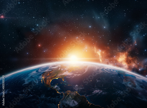 The background image features the Earth with the sun rising in the center  surrounded by stars and space. Rendered in a cinematic style  this composition evokes a sense of wonder and awe