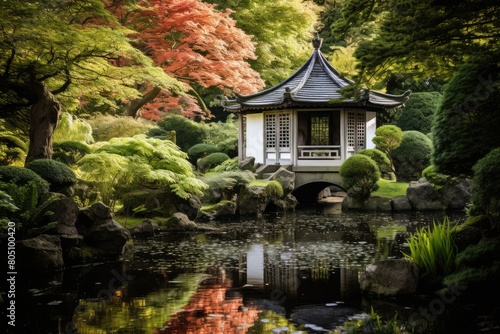 Holland Park, England: A peaceful scene in the Kyoto Garden, featuring a traditional Japanese garden within the heart of London. © OhmArt