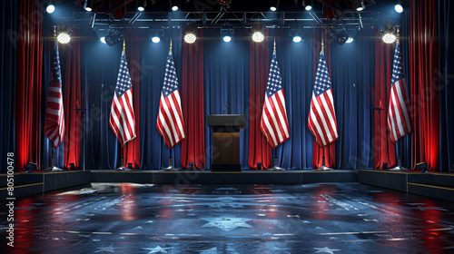 A well-lit stage in a dark auditorium adorned with multiple American flags, featuring a central podium under spotlight, ideal for political events and speeches. photo