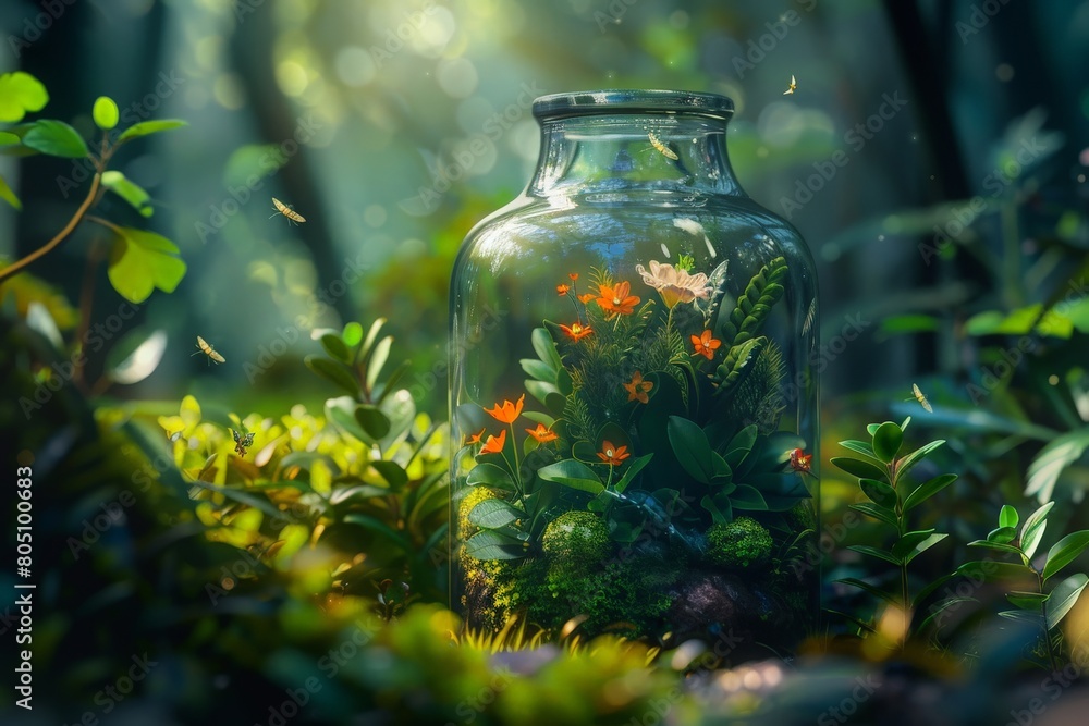 Peer into an ancient glass vessel, a relic from forgotten times. Inside, a miniature rainforest thrives--a lush world compressed into a confined space. The glass is veiled in rising mist, obscuring th Peer into an ancient glass vessel, a relic from forgotten times. Inside, a miniature rainforest thrives--a lush world compressed into a confined space. The glass is veiled in rising mist, obscuring th