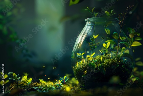 Peer into an ancient glass vessel, a relic from forgotten times. Inside, a miniature rainforest thrives--a lush world compressed into a confined space. The glass is veiled in rising mist, obscuring th