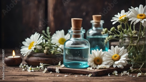 Essentials of Calm Aromatherapy for Reflective Times on a Rustic Wooden Table with Blooming Daisies
