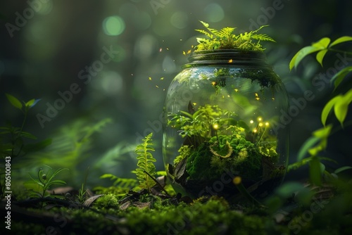 Peer into an ancient glass vessel, a relic from forgotten times. Inside, a miniature rainforest thrives--a lush world compressed into a confined space. The glass is veiled in rising mist, obscuring th photo