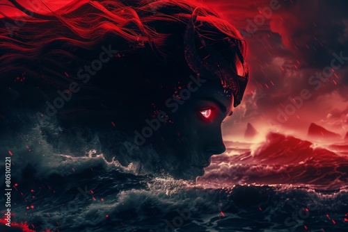 The magic evaporates with a sinister aura, forming a menacing Ariel with glowing red eyes and sharp features, amidst a stormy sea under a blood-red sky photo