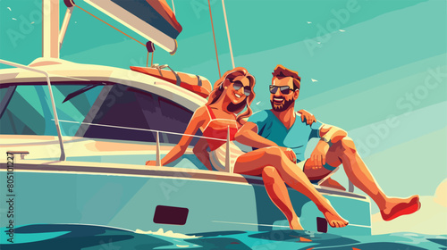 Happy young family resting on yacht Vector style Vector © Jasmin