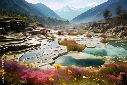 Huanglong Valley, China: A spring scene with vibrant terraced pools and colorful wildflowers. photo