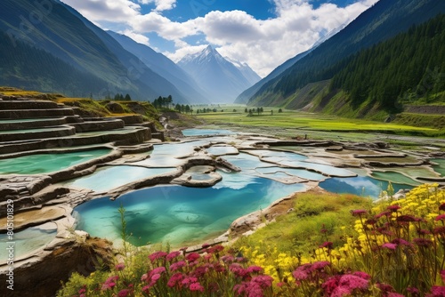 Huanglong Valley, China: A spring scene with vibrant terraced pools and colorful wildflowers. photo