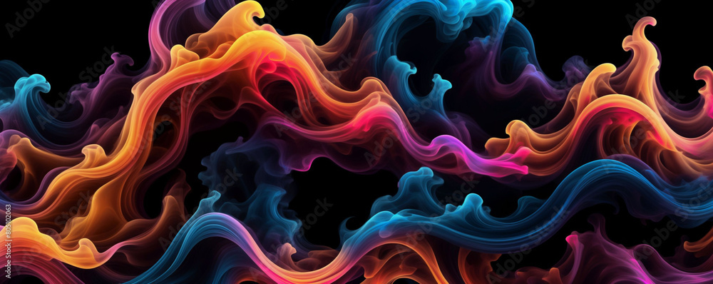 An abstract artwork with swirling colors with a smoke effect against a black background - Generative AI