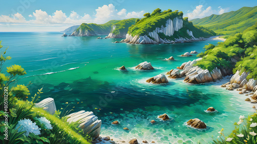 Stunning Green Coastline with White Rock and Crystal Blue Water Teeming with Aquatic Life