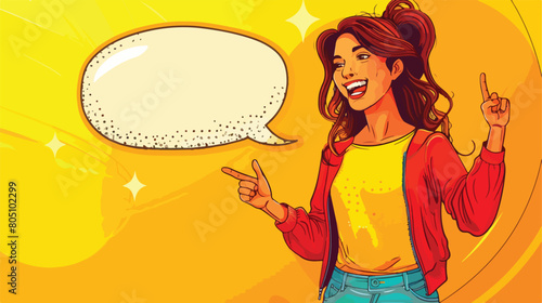 Happy young woman pointing at blank speech bubble \